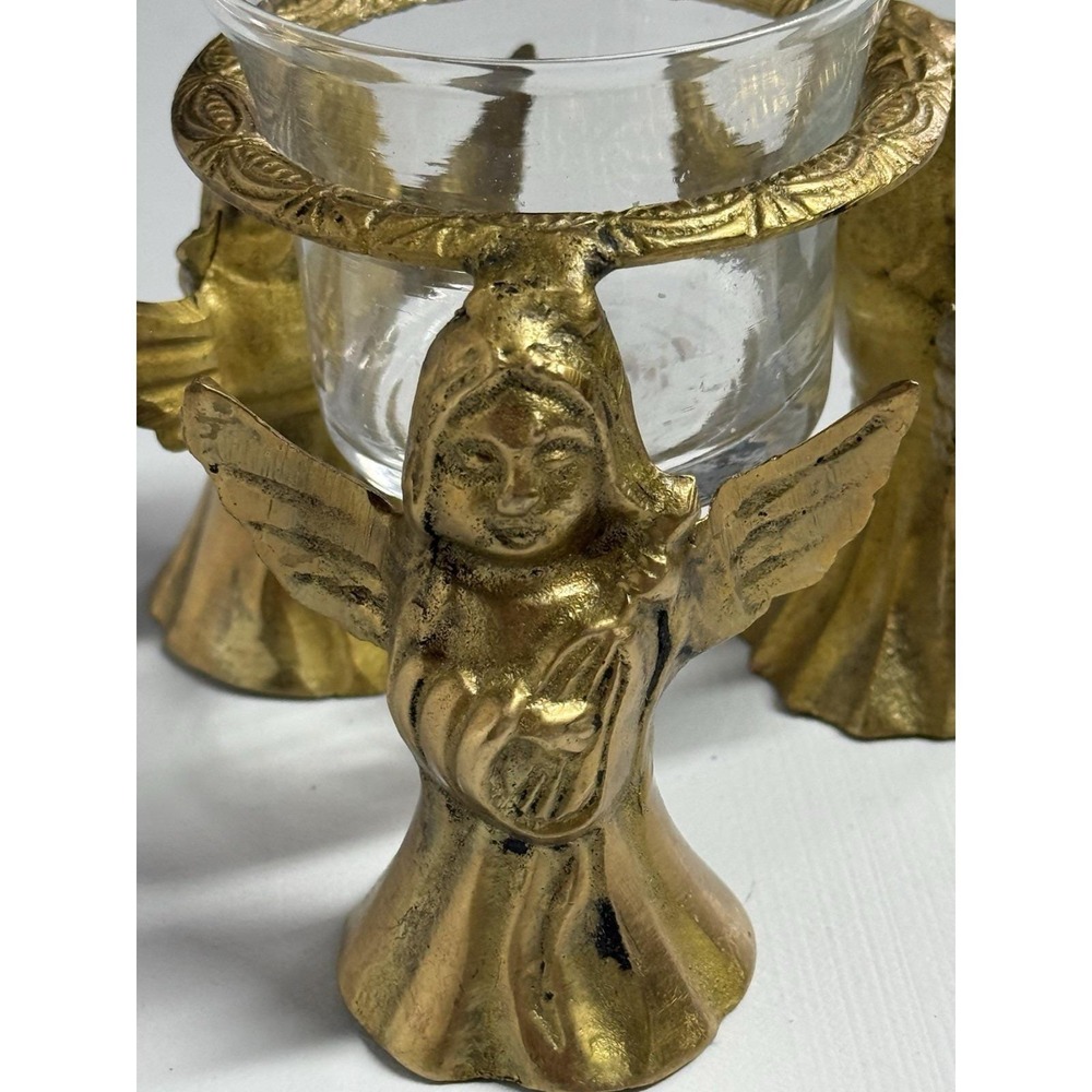 VTG Brass 3 Angels With Harps Votive Candle Holder Glass‎ Insert READ - Picture 6 of 11